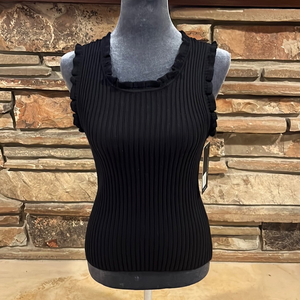 Gilli Ribbed Black Ruffle Stretch Knit Tank Top